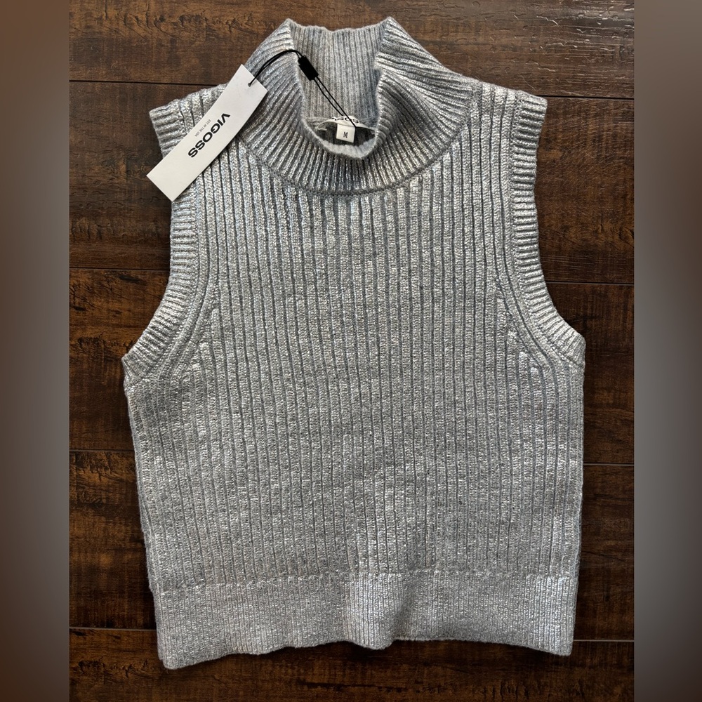 Gray Metallic Ribbed Turtleneck Sleeveless Sweater